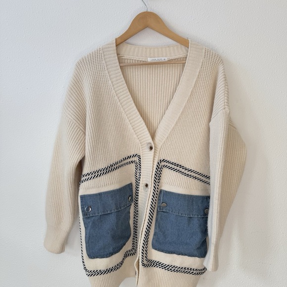 Chartou Sweaters - Women's Open Front Cardigan‎ Oversized Button Down Denim Jean Patchwork Sweater